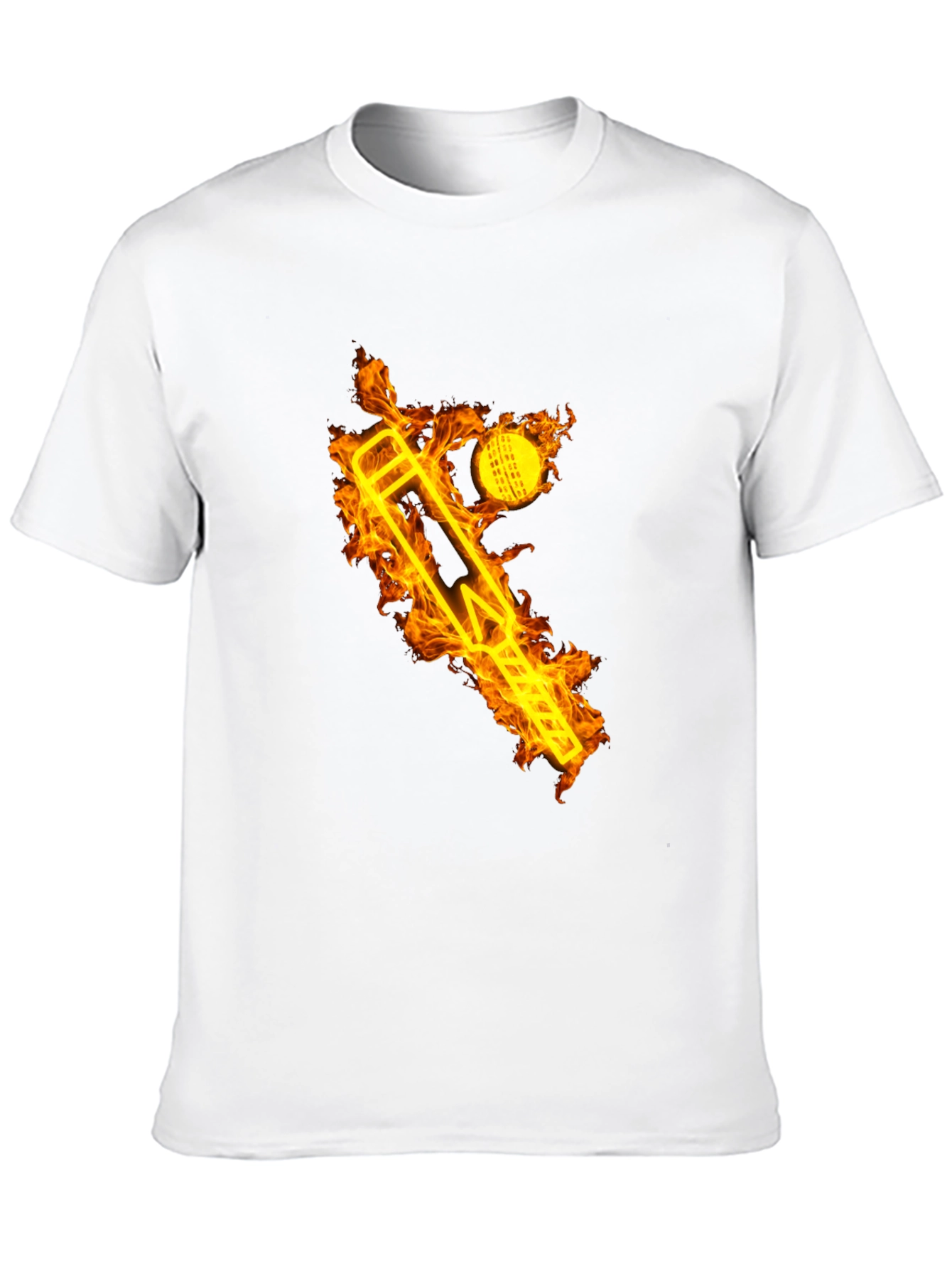 Fiery Cricket Tee - Flaming Bat & Ball Design