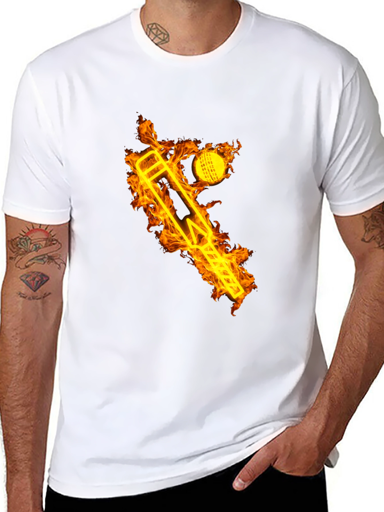 Fiery Cricket Tee - Flaming Bat & Ball Design