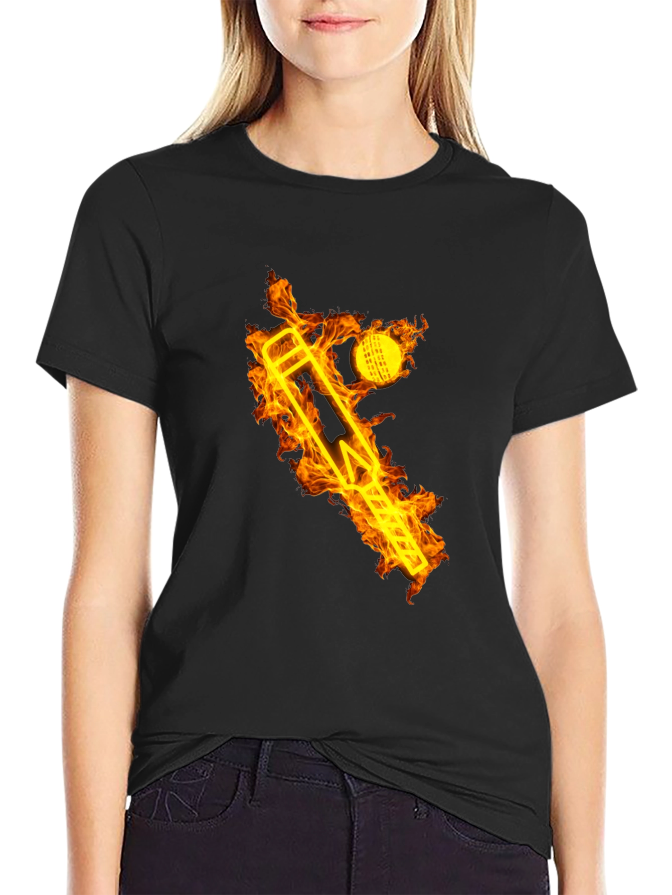 Fiery Cricket Tee - Flaming Bat & Ball Design