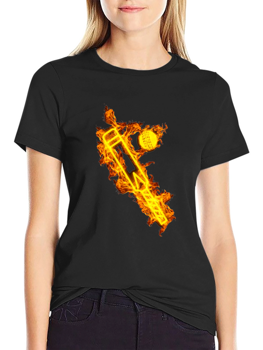 Fiery Cricket Tee - Flaming Bat & Ball Design