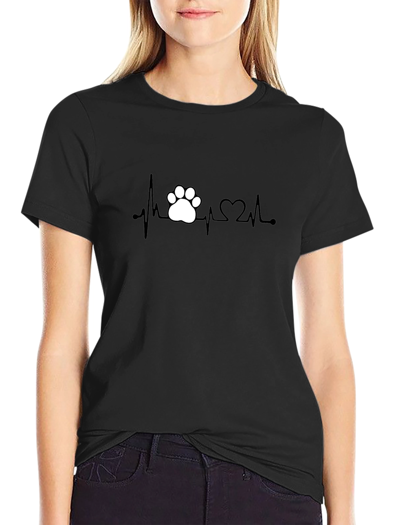 Heartbeat Paw Print Graphic Tee - Black