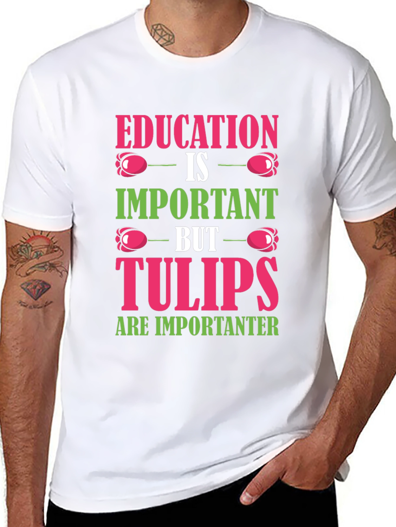 Education vs. Tulips Graphic T-Shirt