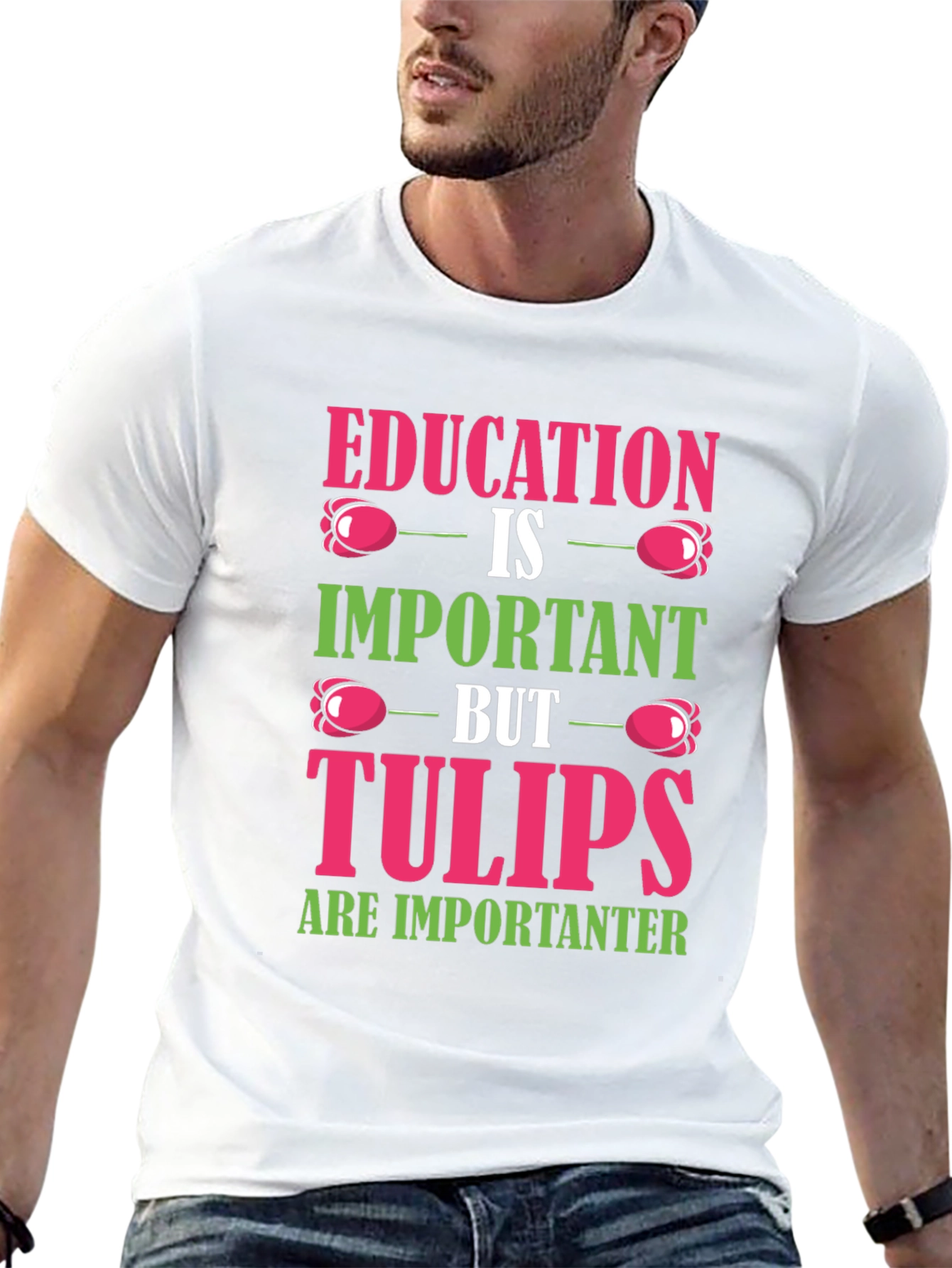 Education vs. Tulips Graphic T-Shirt