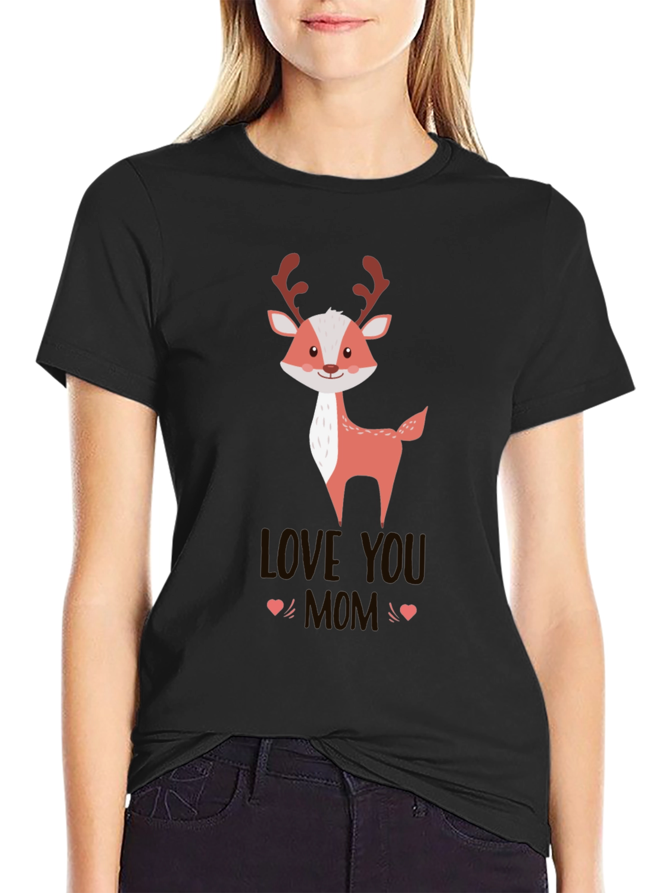 Cute Reindeer Love You Mom Black T-Shirt