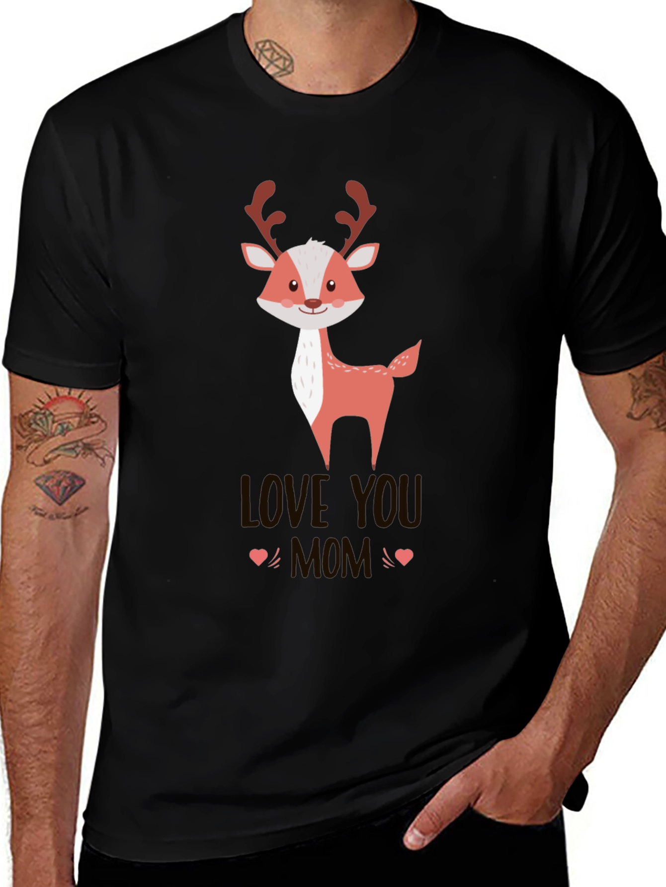 Cute Reindeer Love You Mom Black T-Shirt