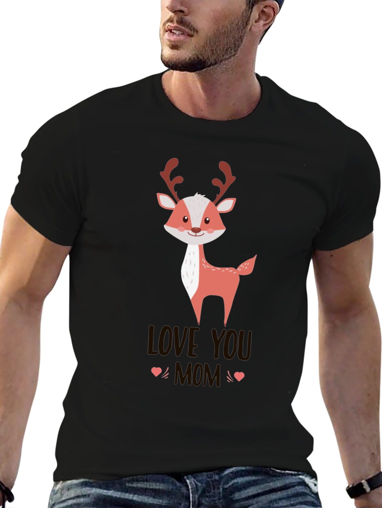 Cute Reindeer Love You Mom Black T-Shirt