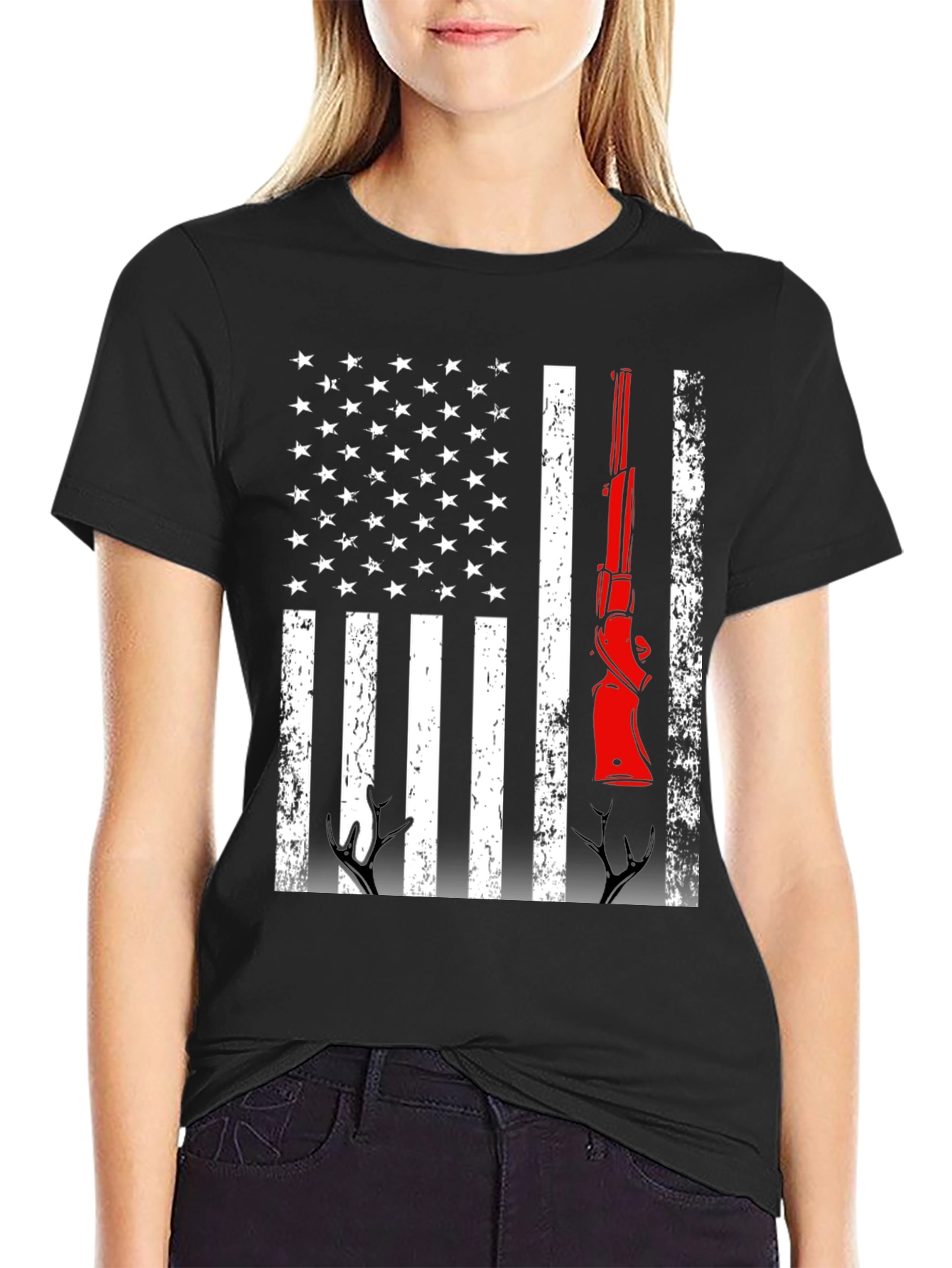 Patriotic Hunting T-Shirt American Flag Gun Deer Antlers