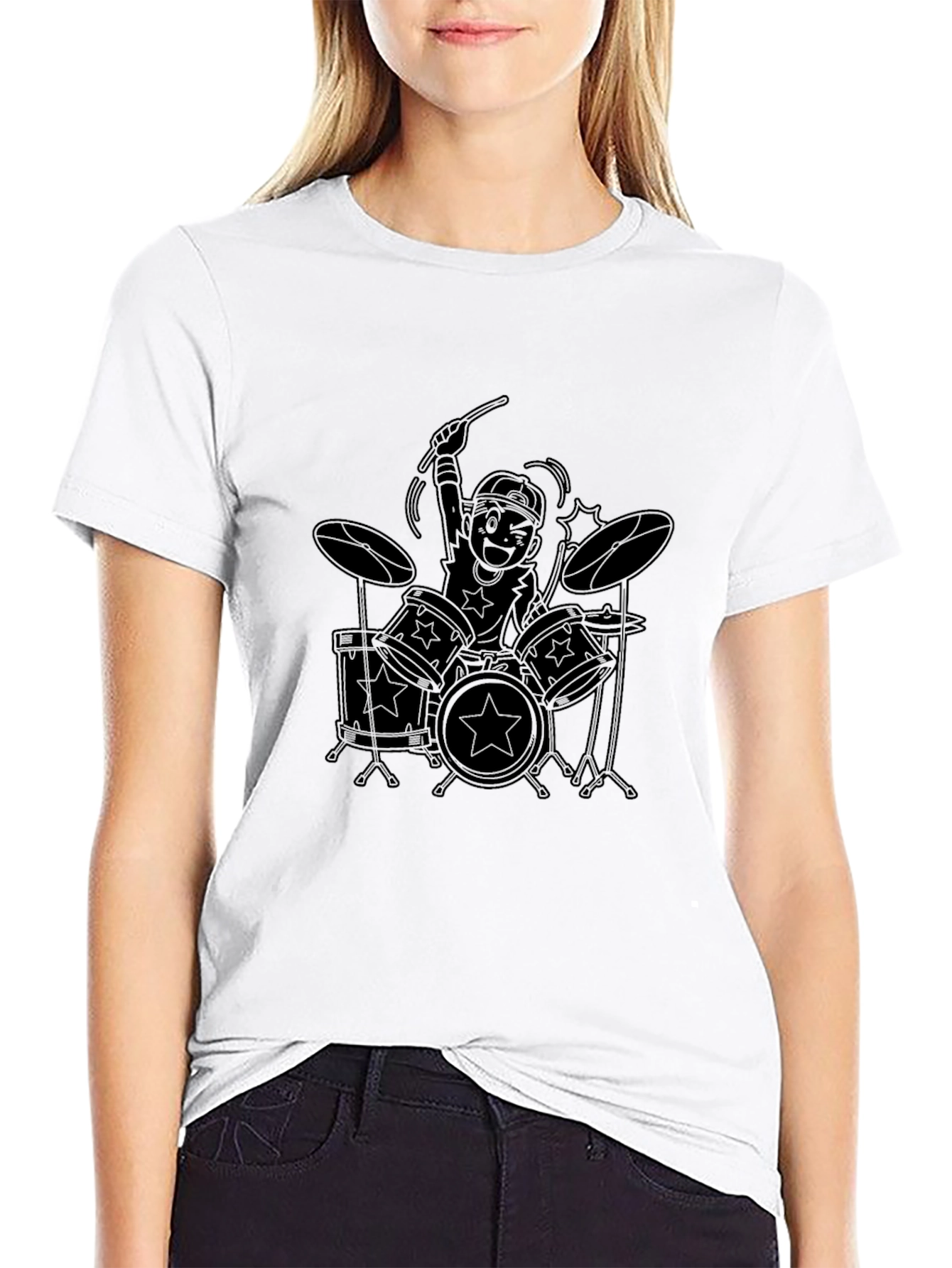 Cartoon Drummer Graphic Black T-Shirt