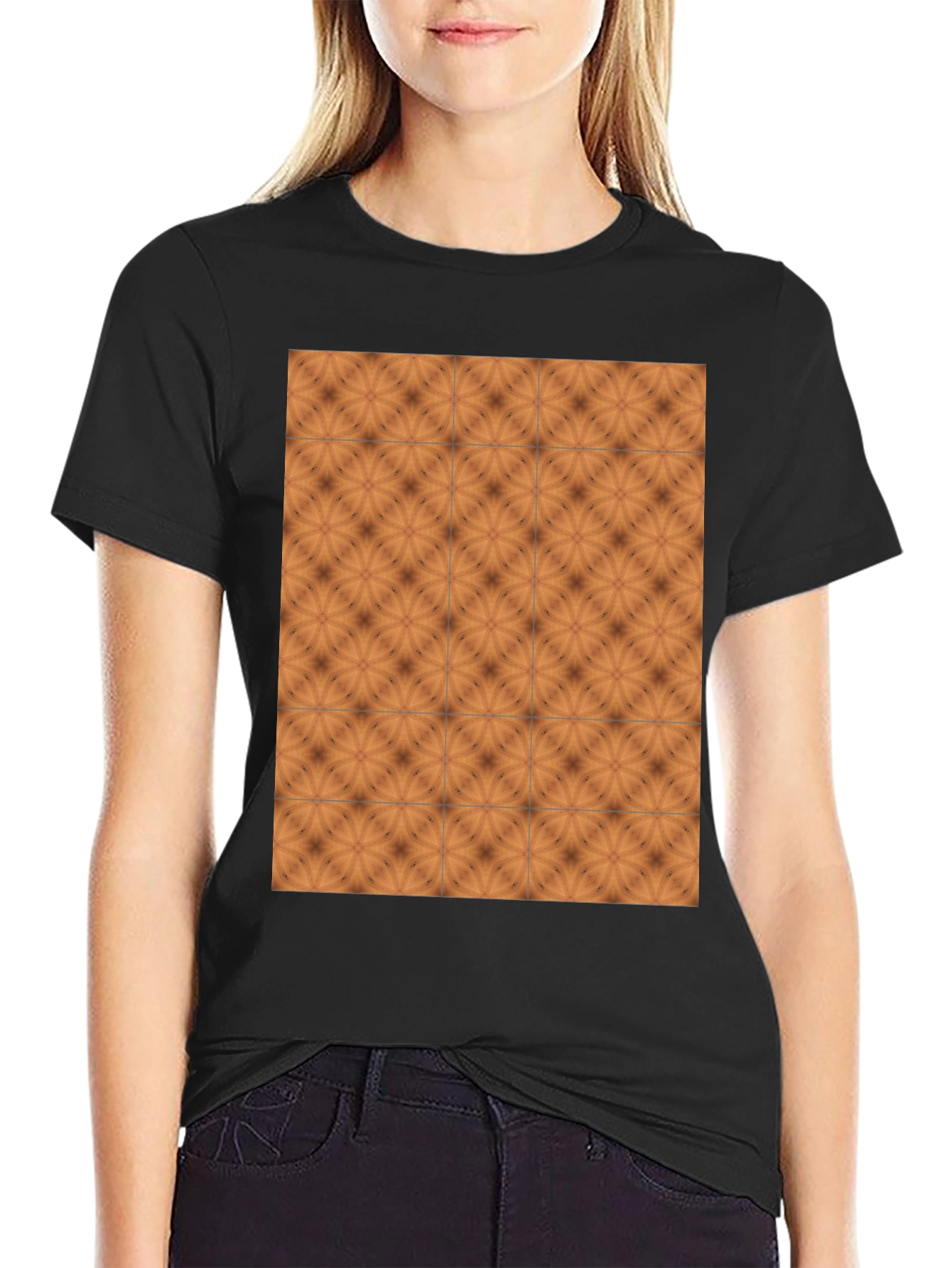 Geometric Tile Print Black Crew Neck Tee