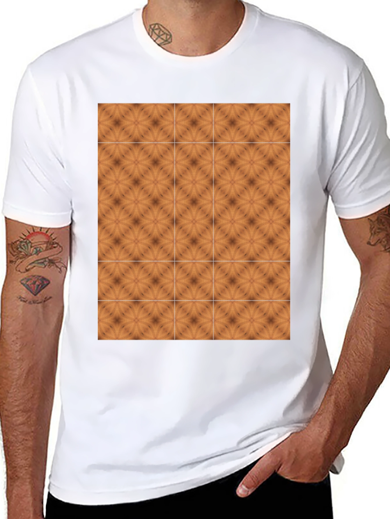 Geometric Tile Print Black Crew Neck Tee