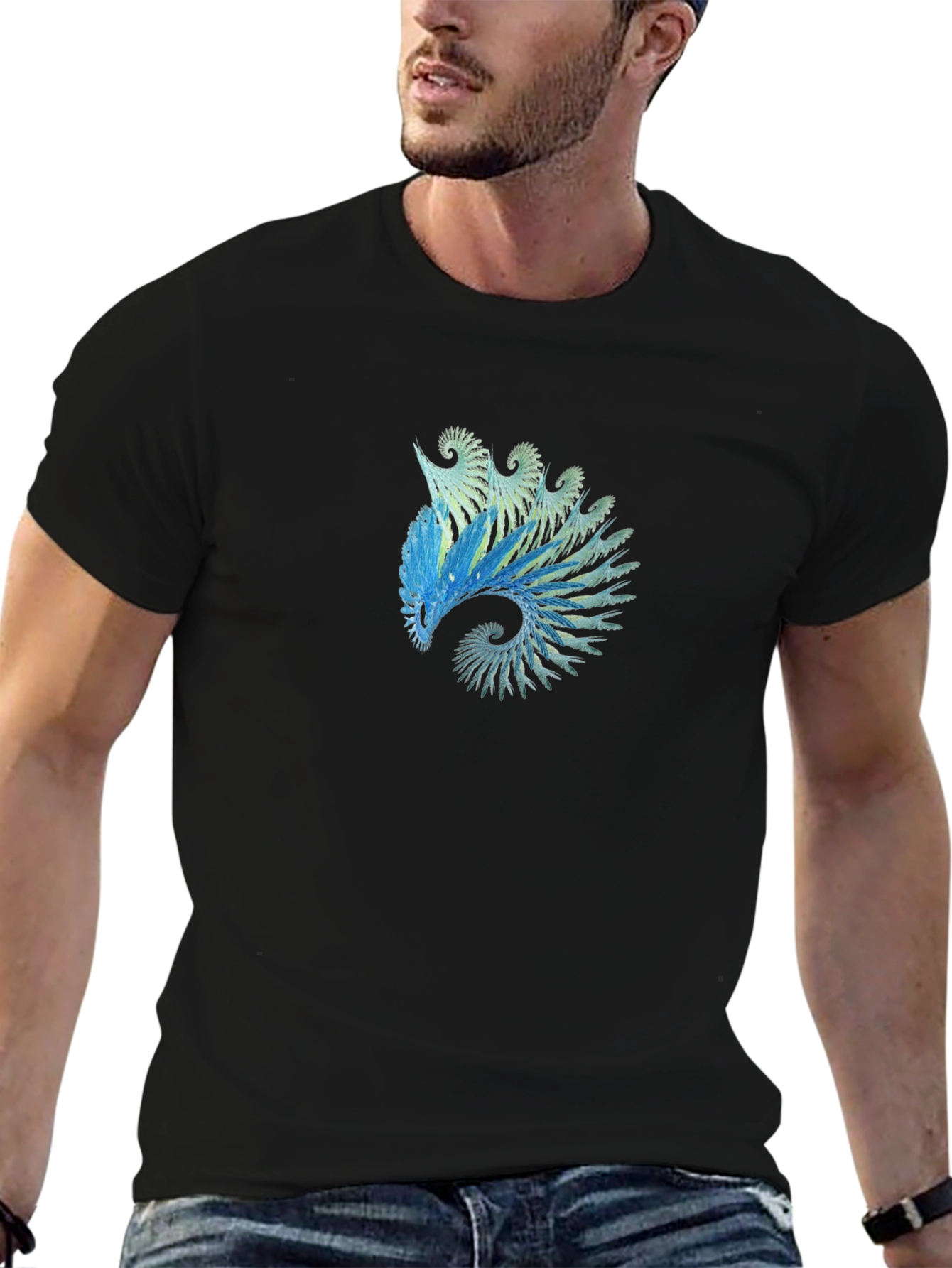 Abstract Blue Spiral Graphic Tee - Black Cotton