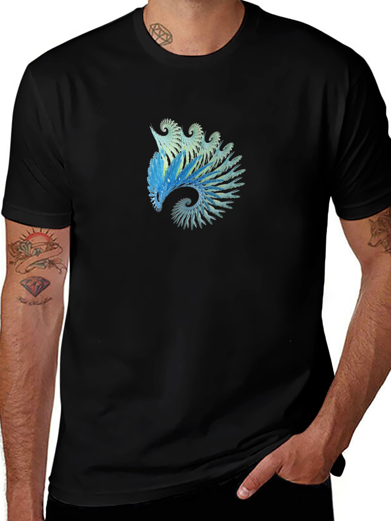 Abstract Blue Spiral Graphic Tee - Black Cotton