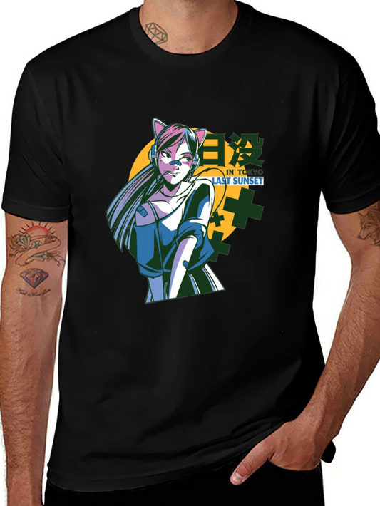 Anime Cat Girl T-Shirt - Tokyo Last Sunset Graphic Tee
