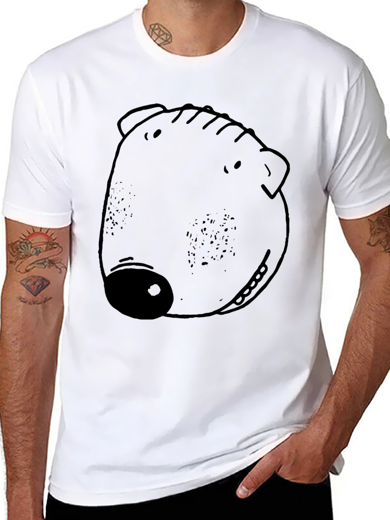 Cartoon Pig Face Graphic Tee - Black Crew Neck