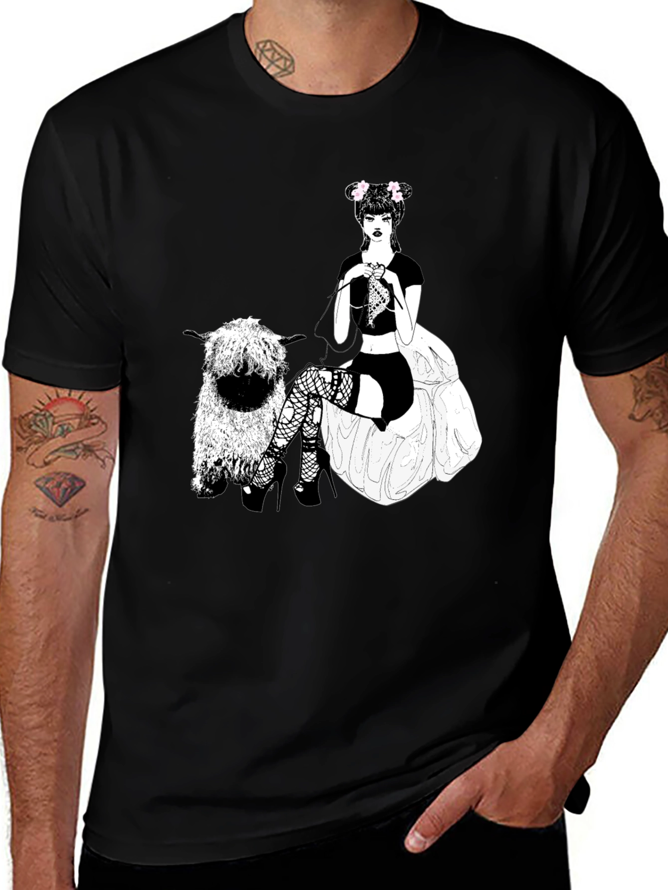Gothic Girl Knitting Sheep T-Shirt