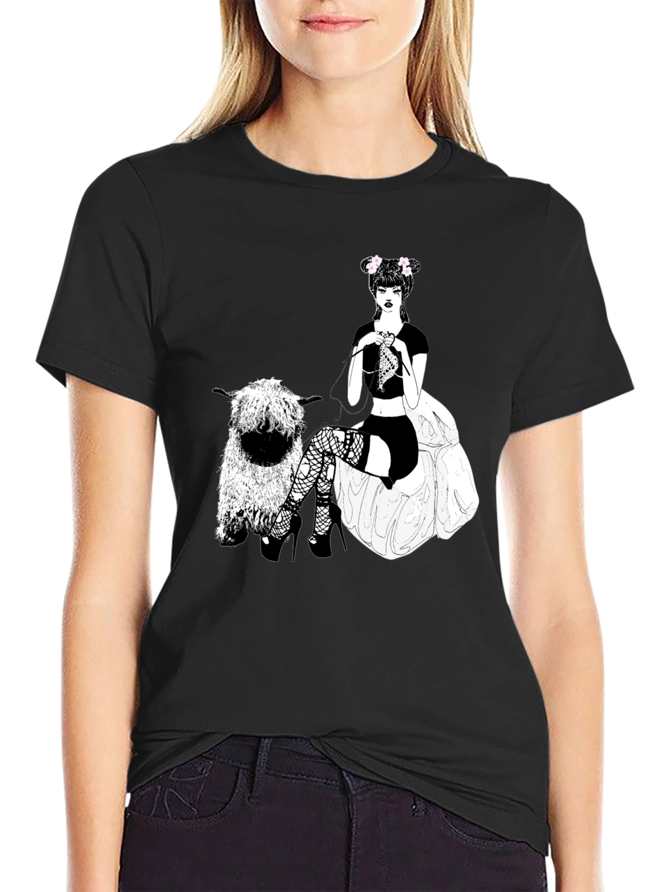 Gothic Girl Knitting Sheep T-Shirt