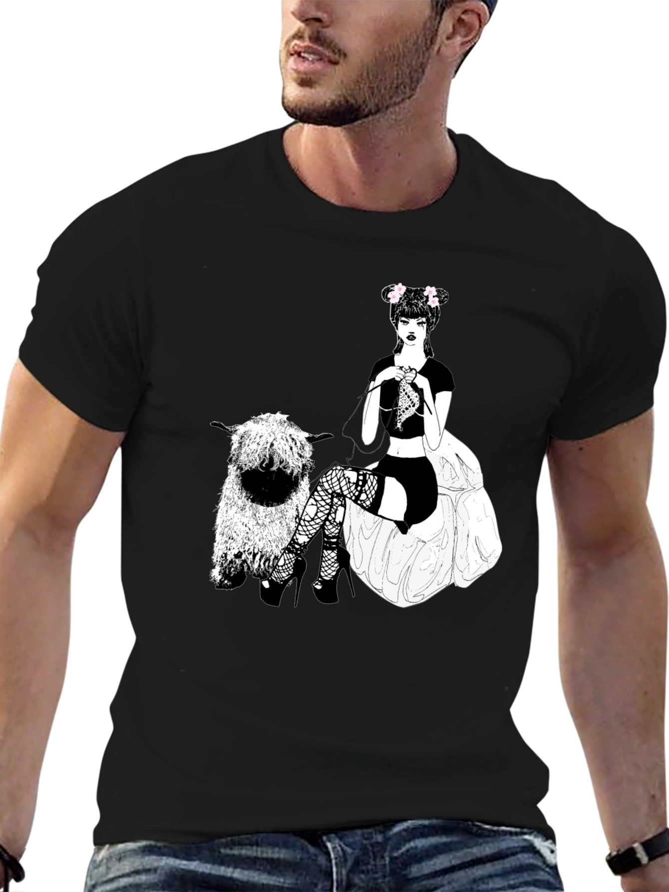 Gothic Girl Knitting Sheep T-Shirt