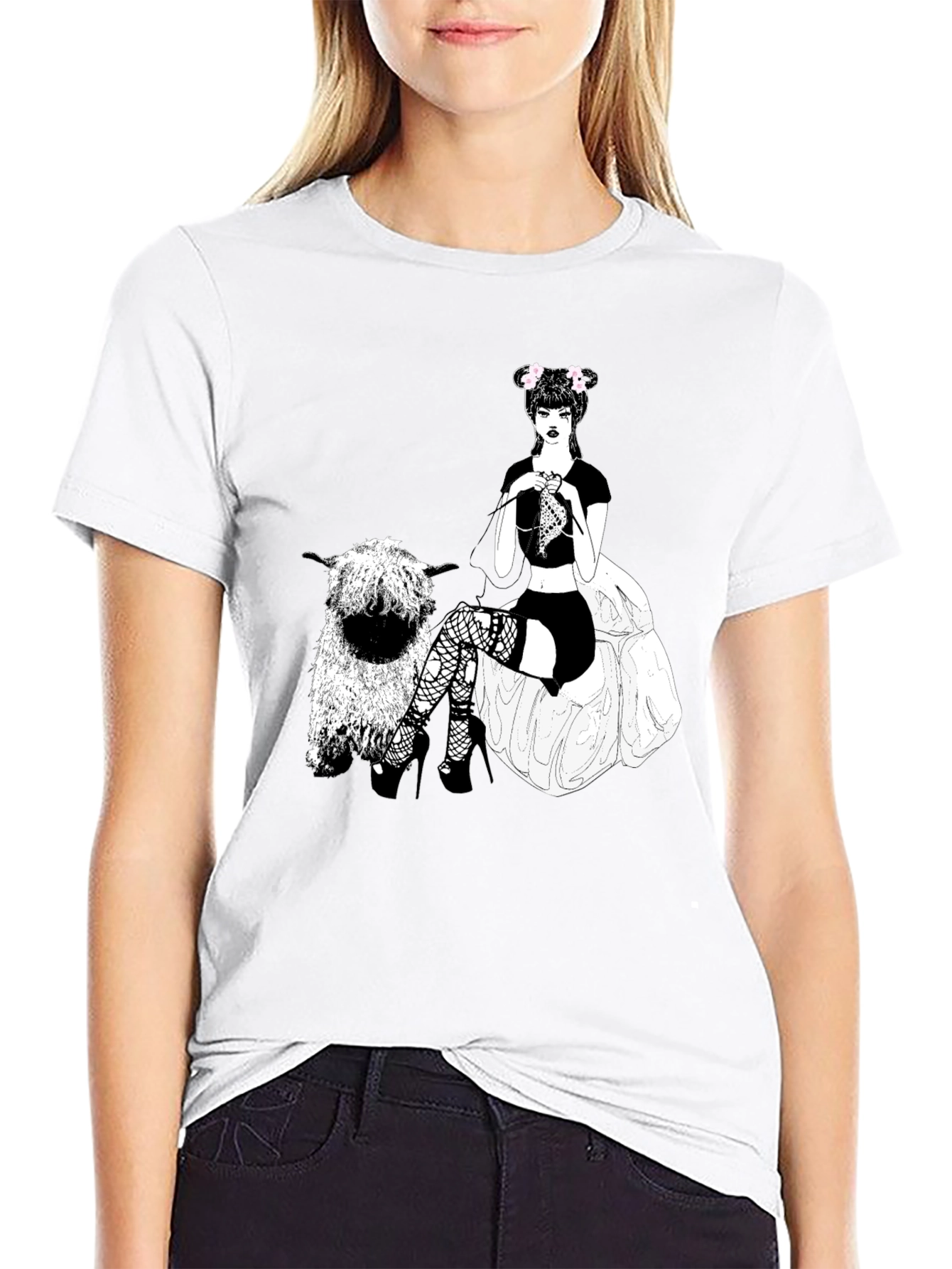 Gothic Girl Knitting Sheep T-Shirt