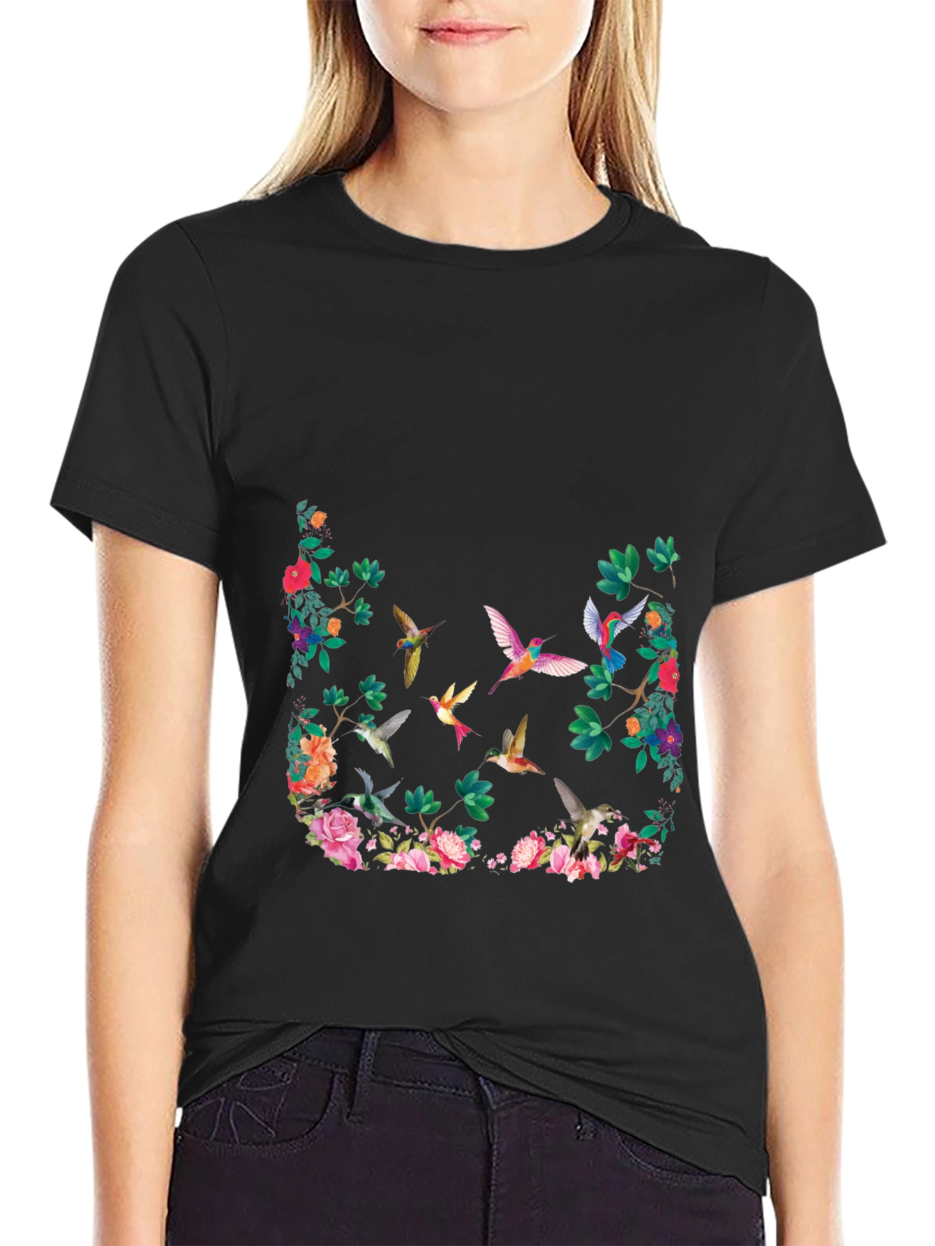 Floral Hummingbird Graphic T-Shirt