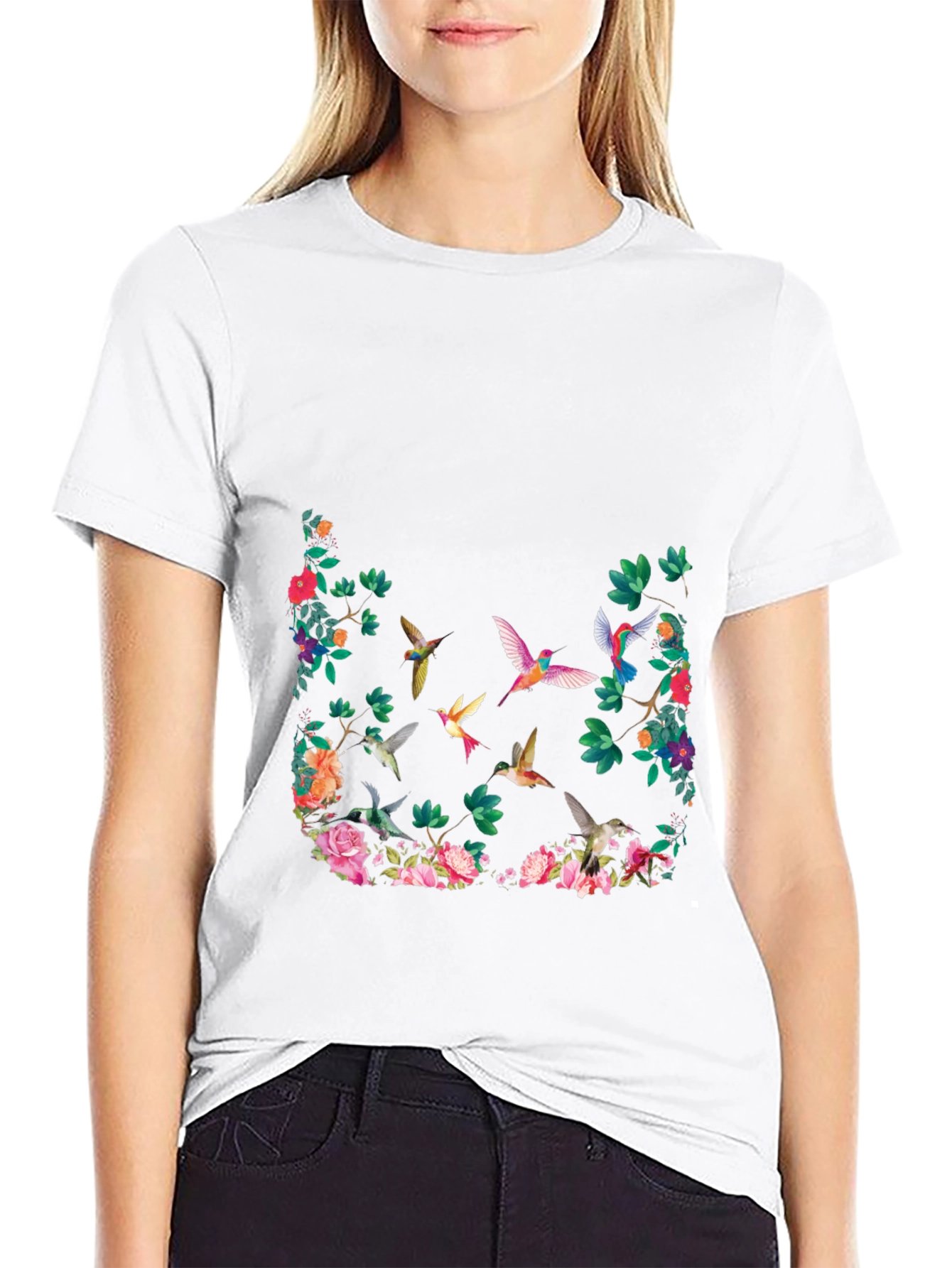 Floral Hummingbird Graphic T-Shirt