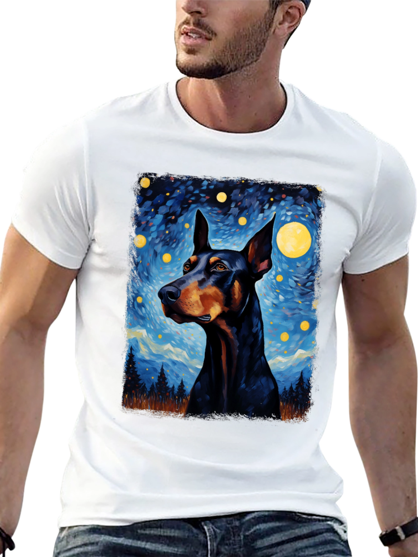 Doberman Dog Starry Night Art T-Shirt