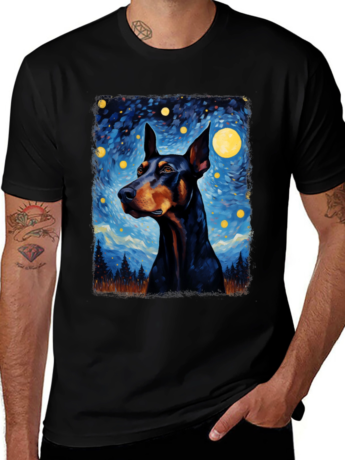 Doberman Dog Starry Night Art T-Shirt