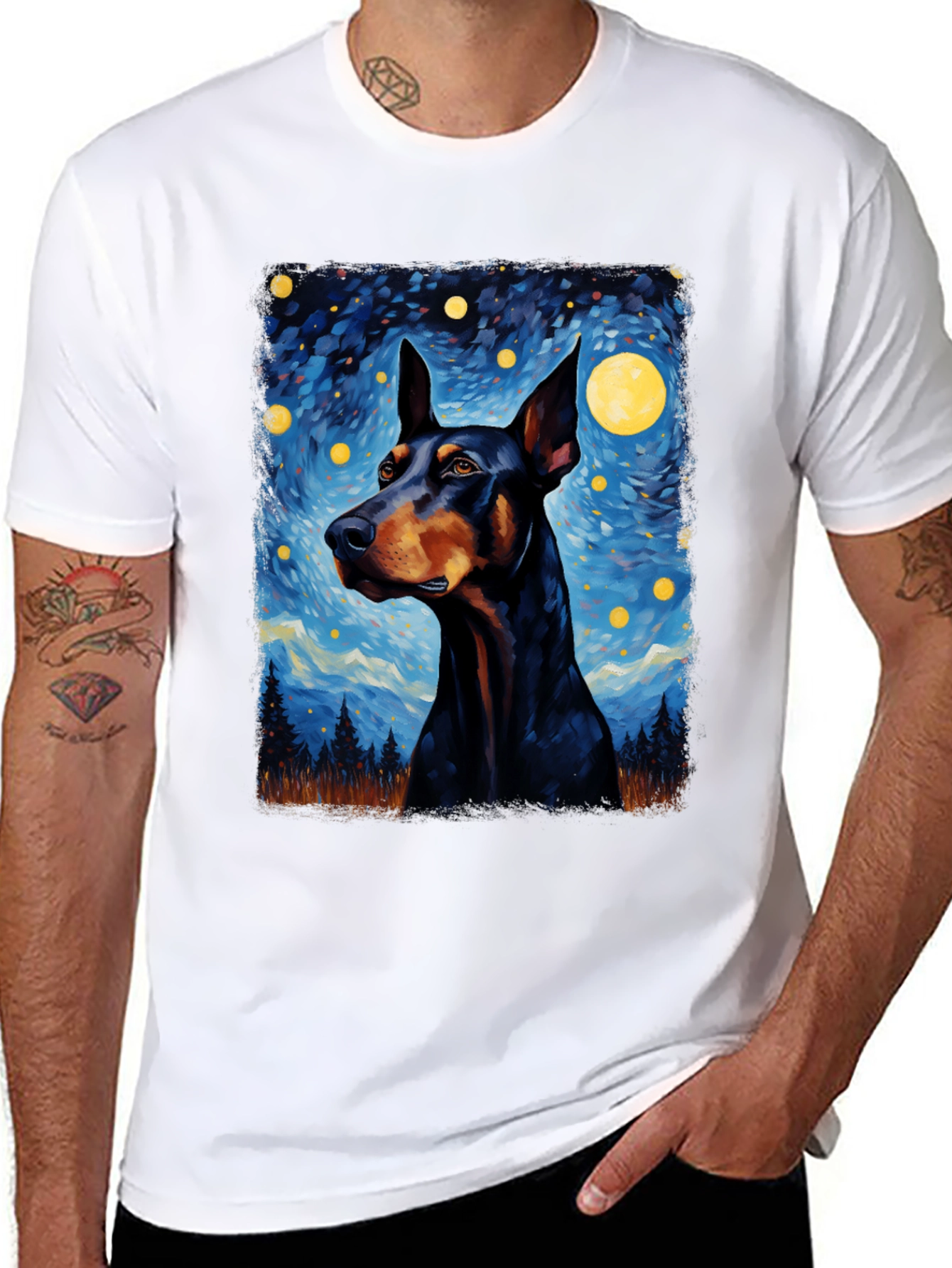 Doberman Dog Starry Night Art T-Shirt