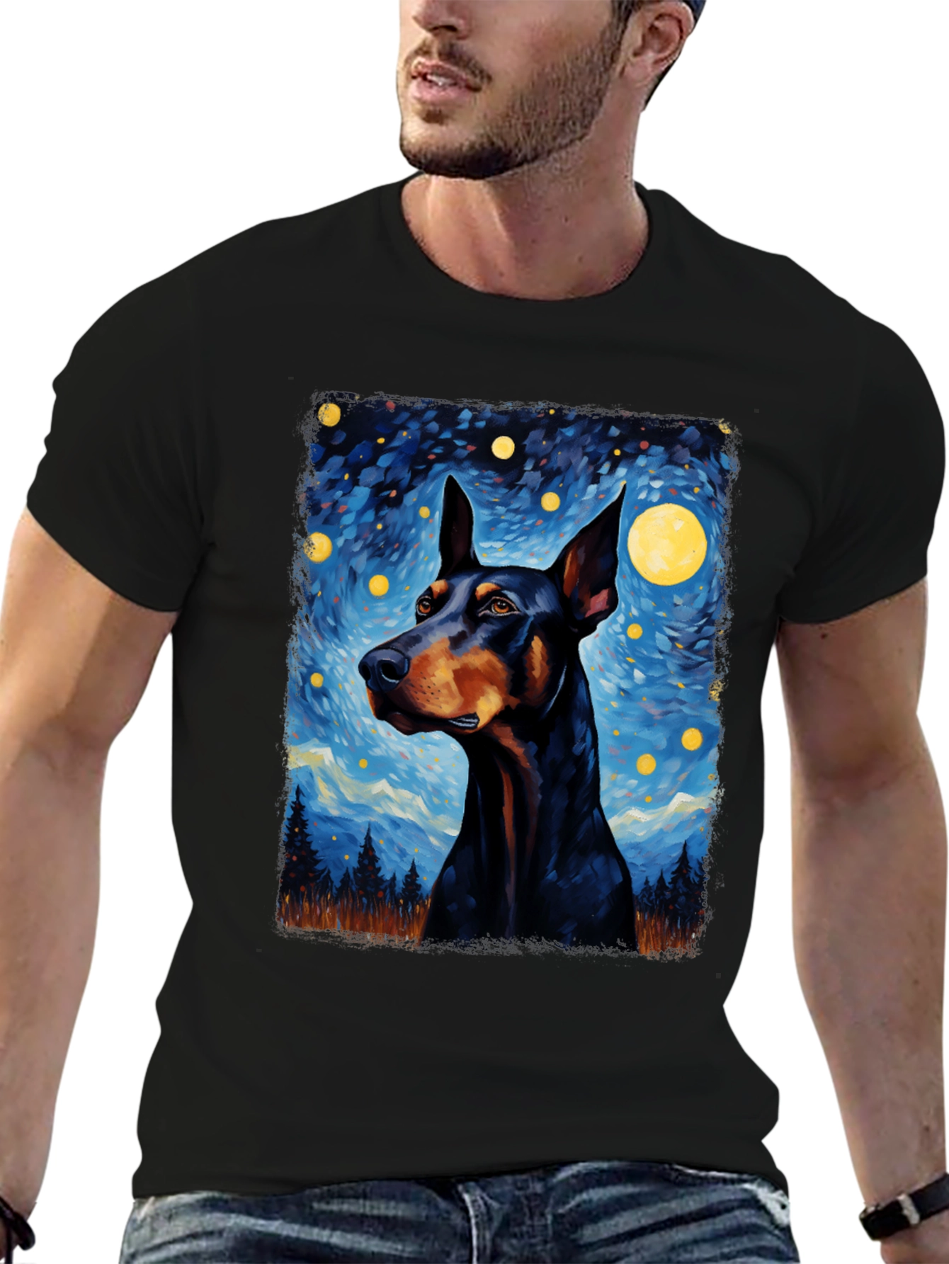 Doberman Dog Starry Night Art T-Shirt