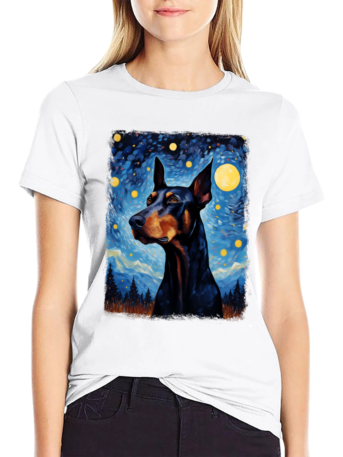 Doberman Dog Starry Night Art T-Shirt