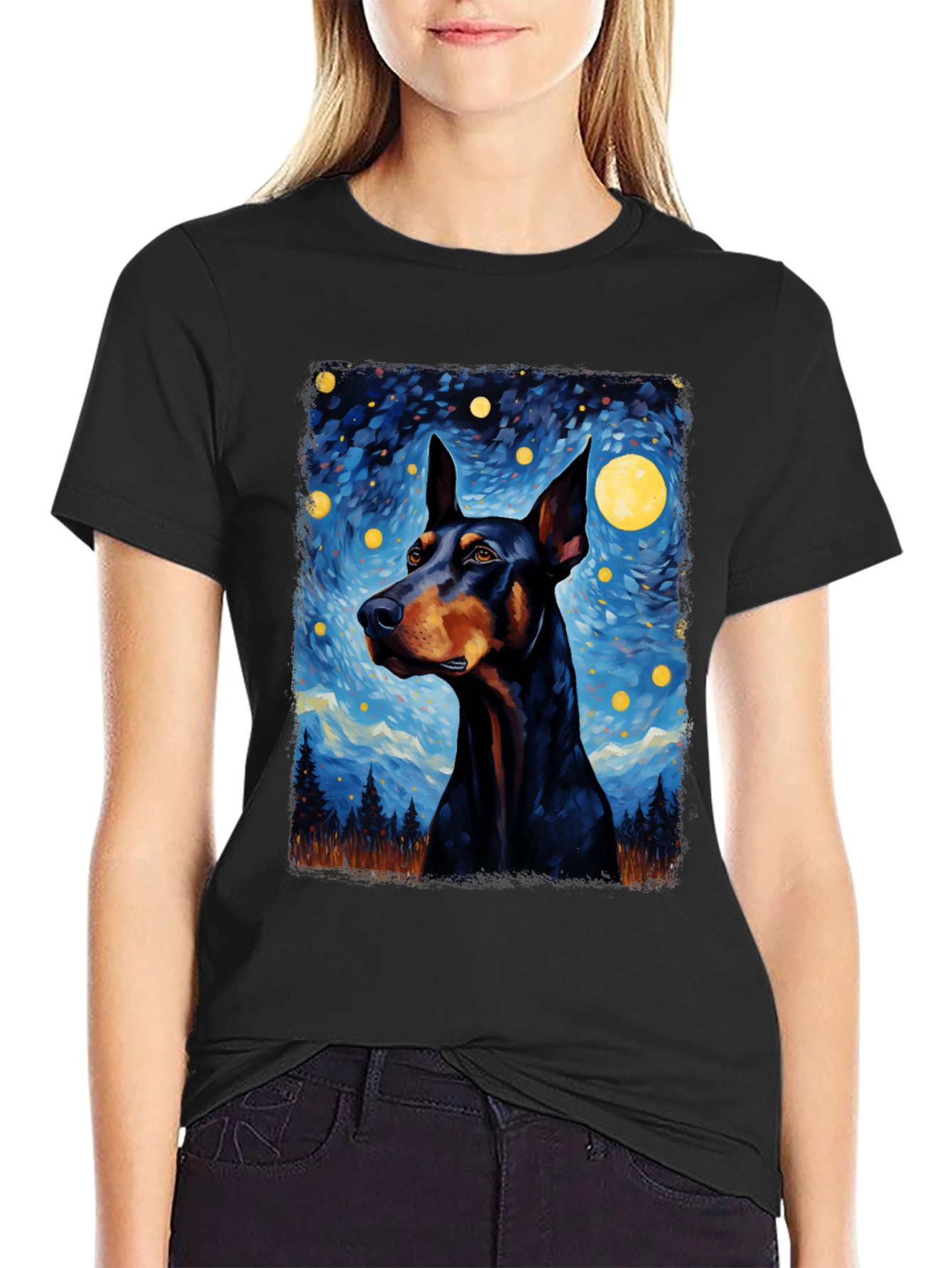 Doberman Dog Starry Night Art T-Shirt