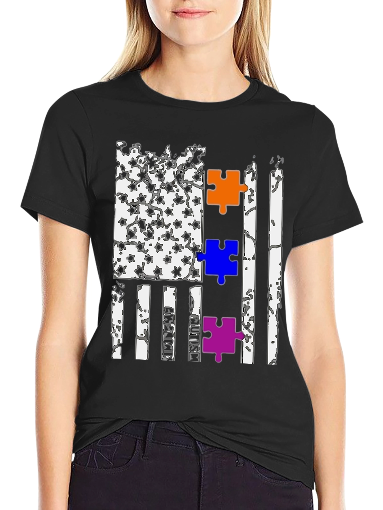 Autism Awareness US Flag Puzzle Piece T-Shirt