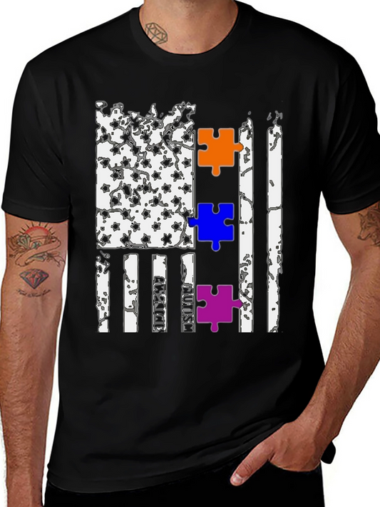 Autism Awareness US Flag Puzzle Piece T-Shirt