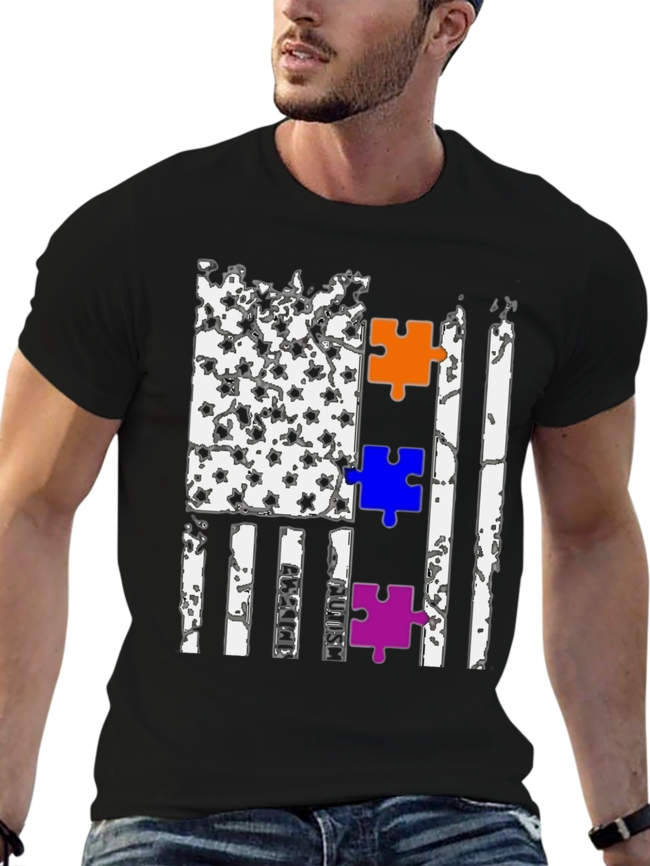 Autism Awareness US Flag Puzzle Piece T-Shirt