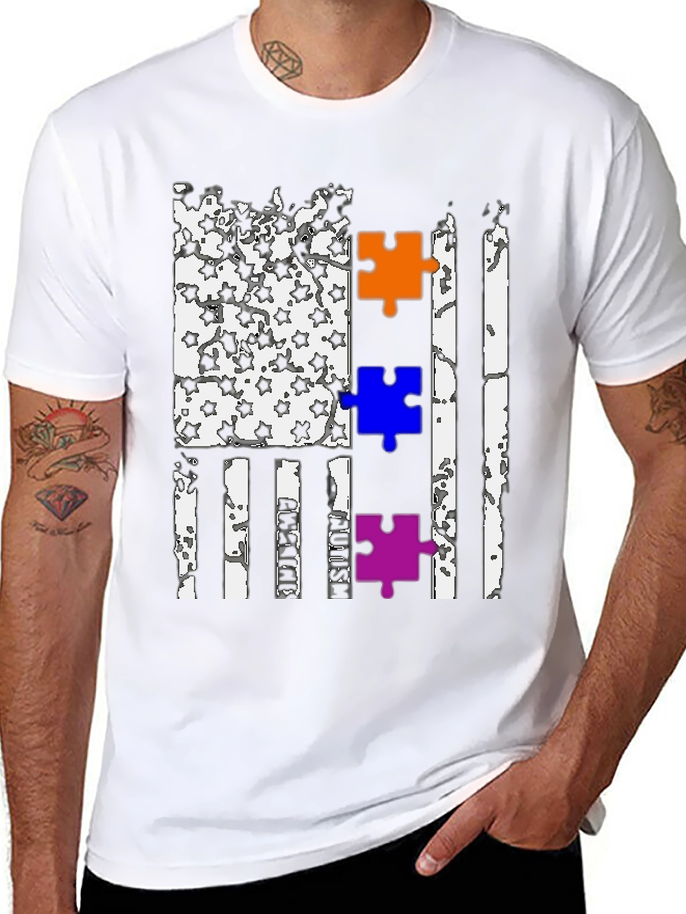 Autism Awareness US Flag Puzzle Piece T-Shirt