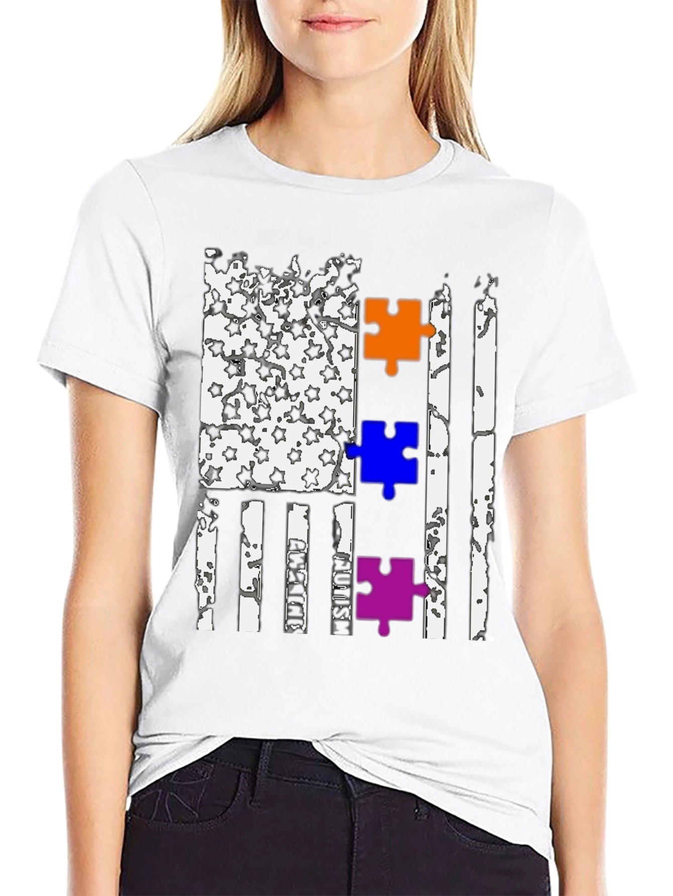 Autism Awareness US Flag Puzzle Piece T-Shirt