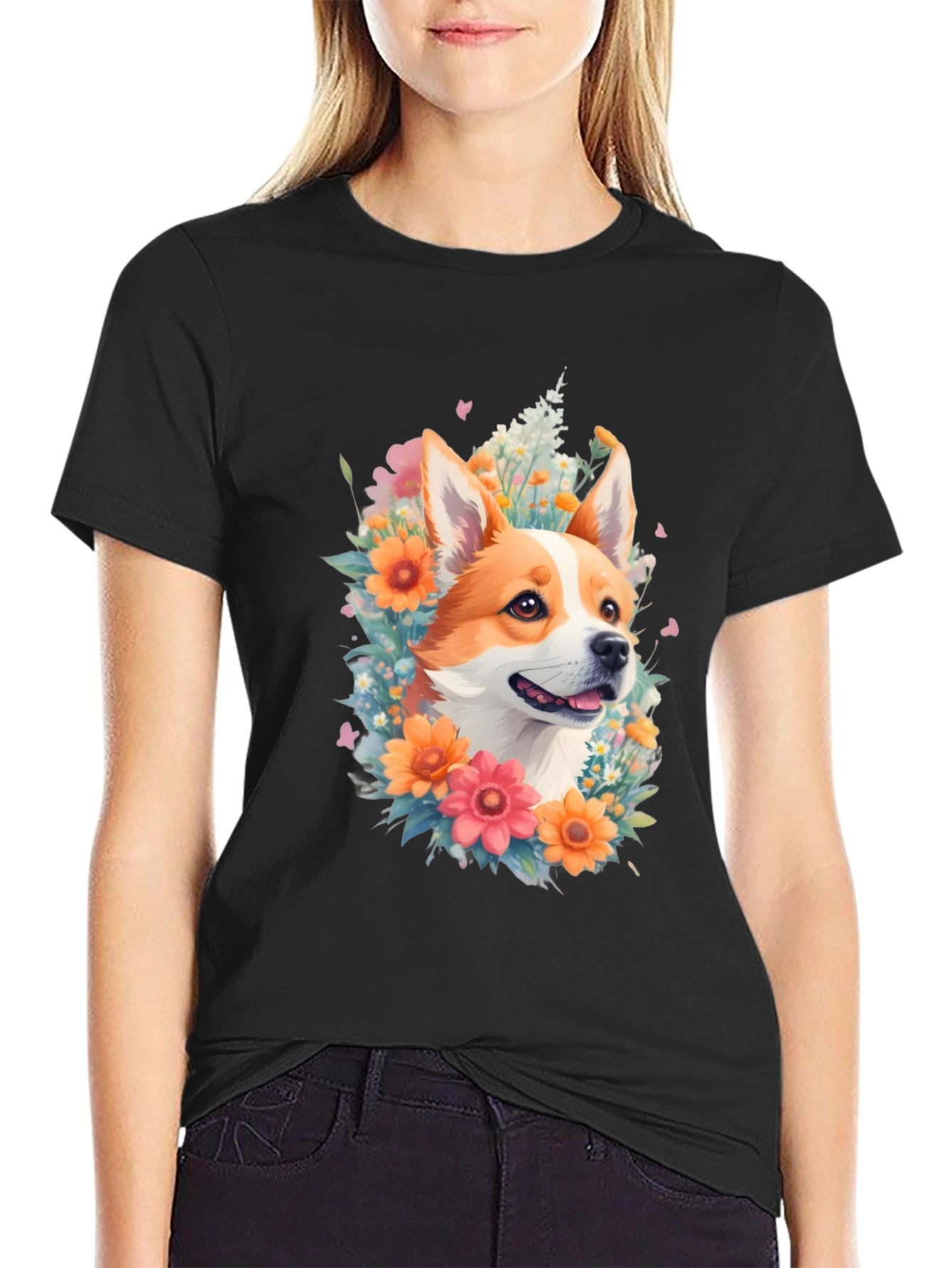 Corgi Floral Crown Black T-Shirt