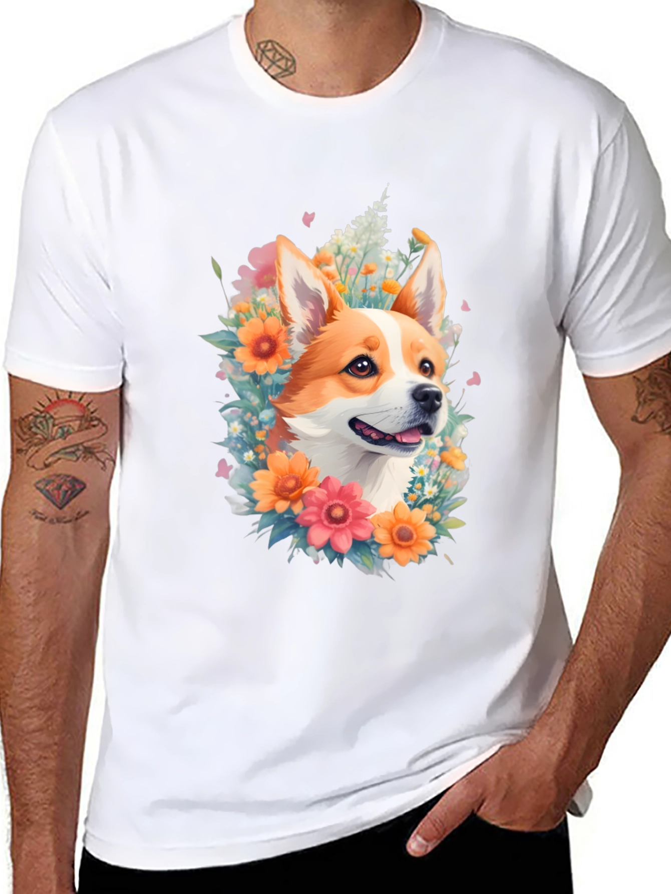 Corgi Floral Crown Black T-Shirt