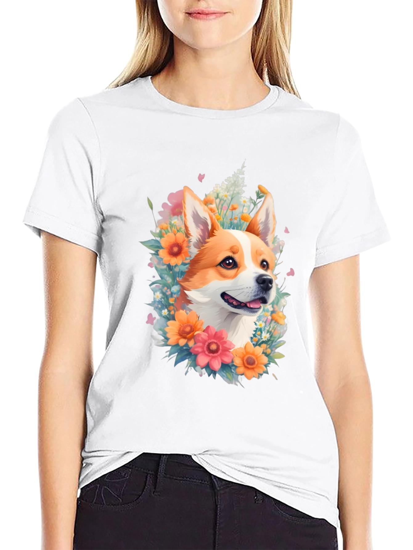 Corgi Floral Crown Black T-Shirt
