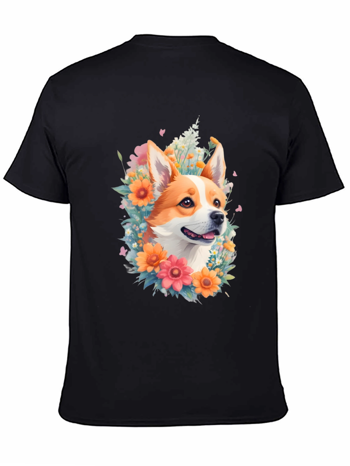 Corgi Floral Crown Black T-Shirt