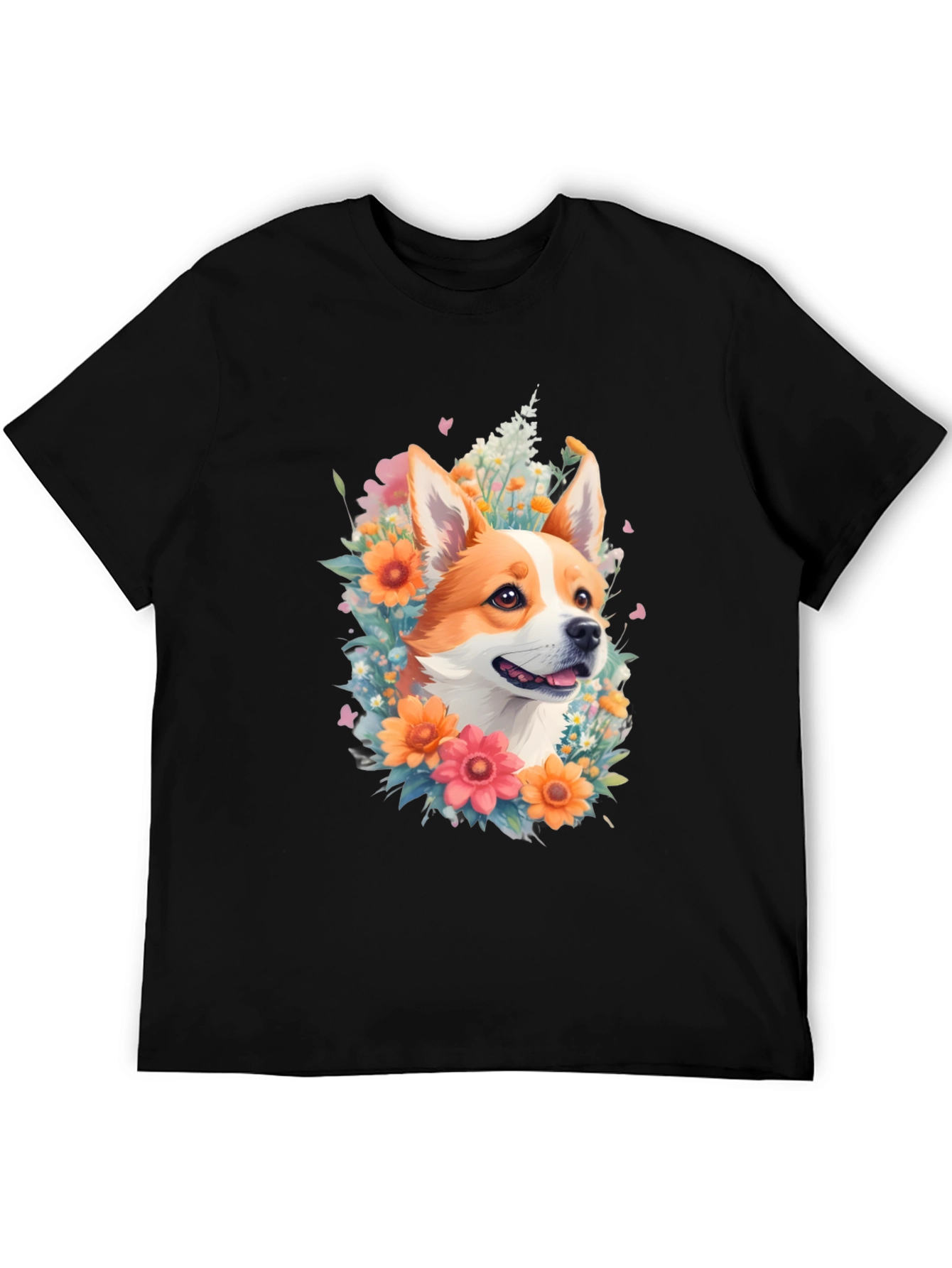 Corgi Floral Crown Black T-Shirt
