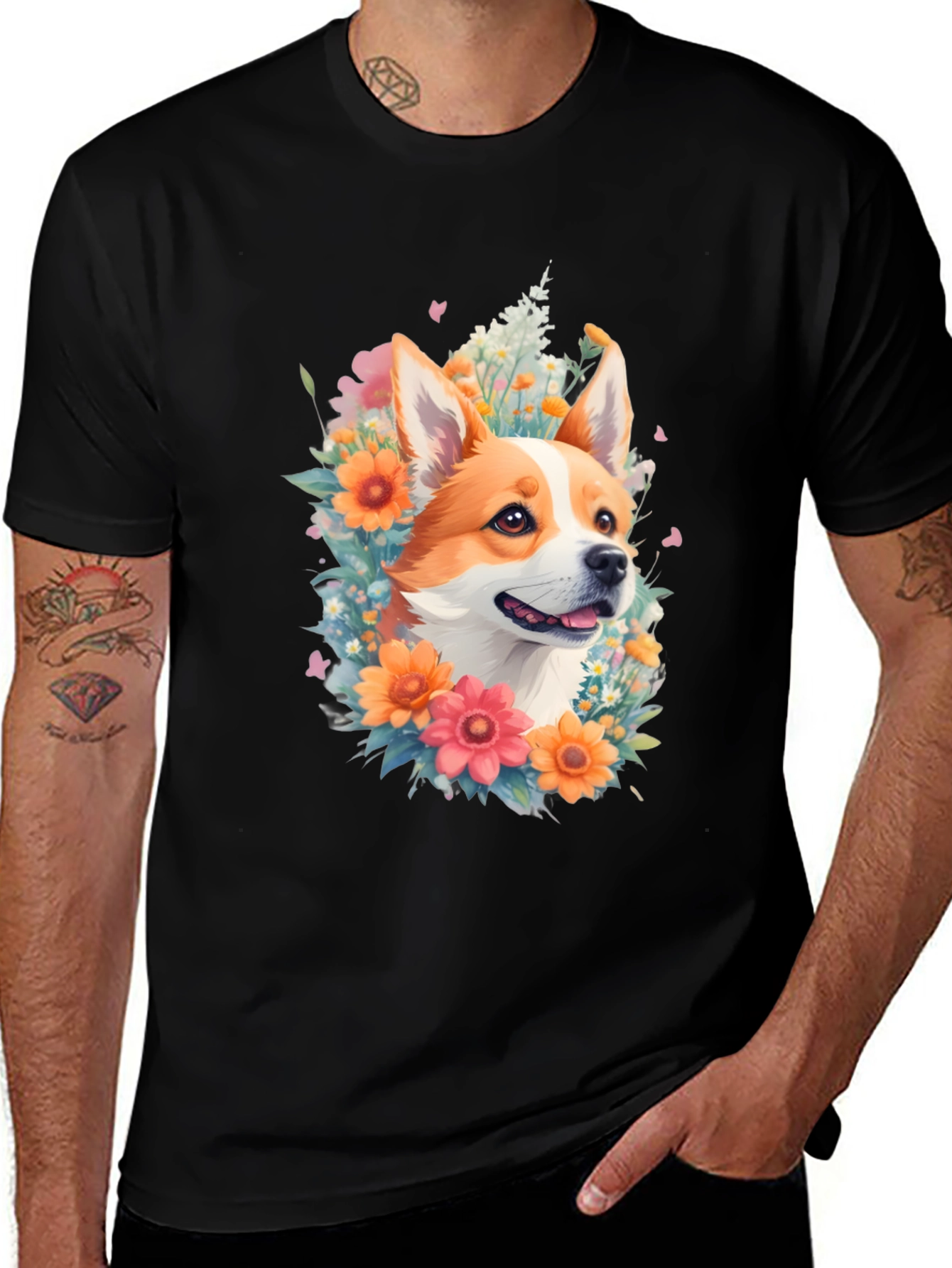 Corgi Floral Crown Black T-Shirt