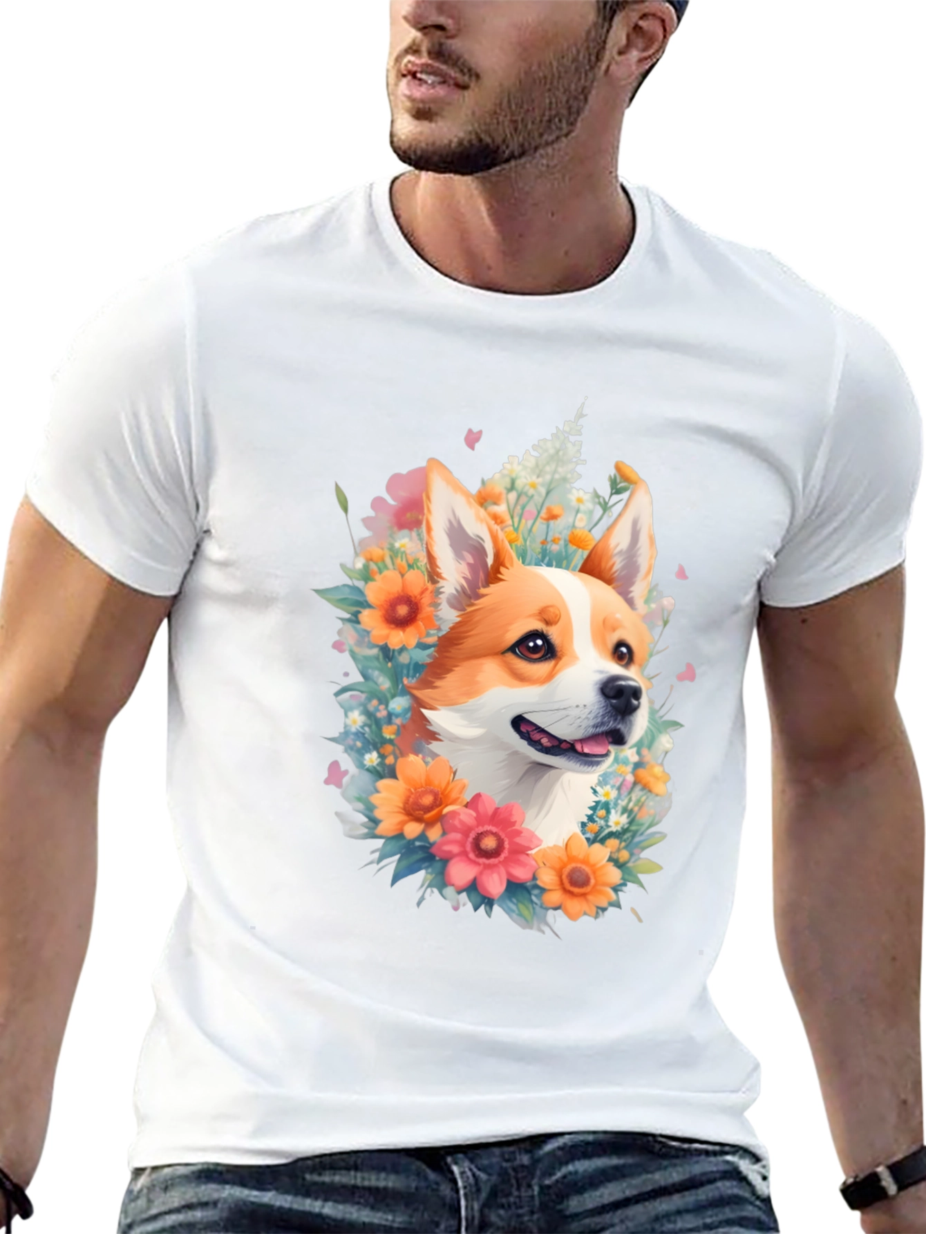 Corgi Floral Crown Black T-Shirt