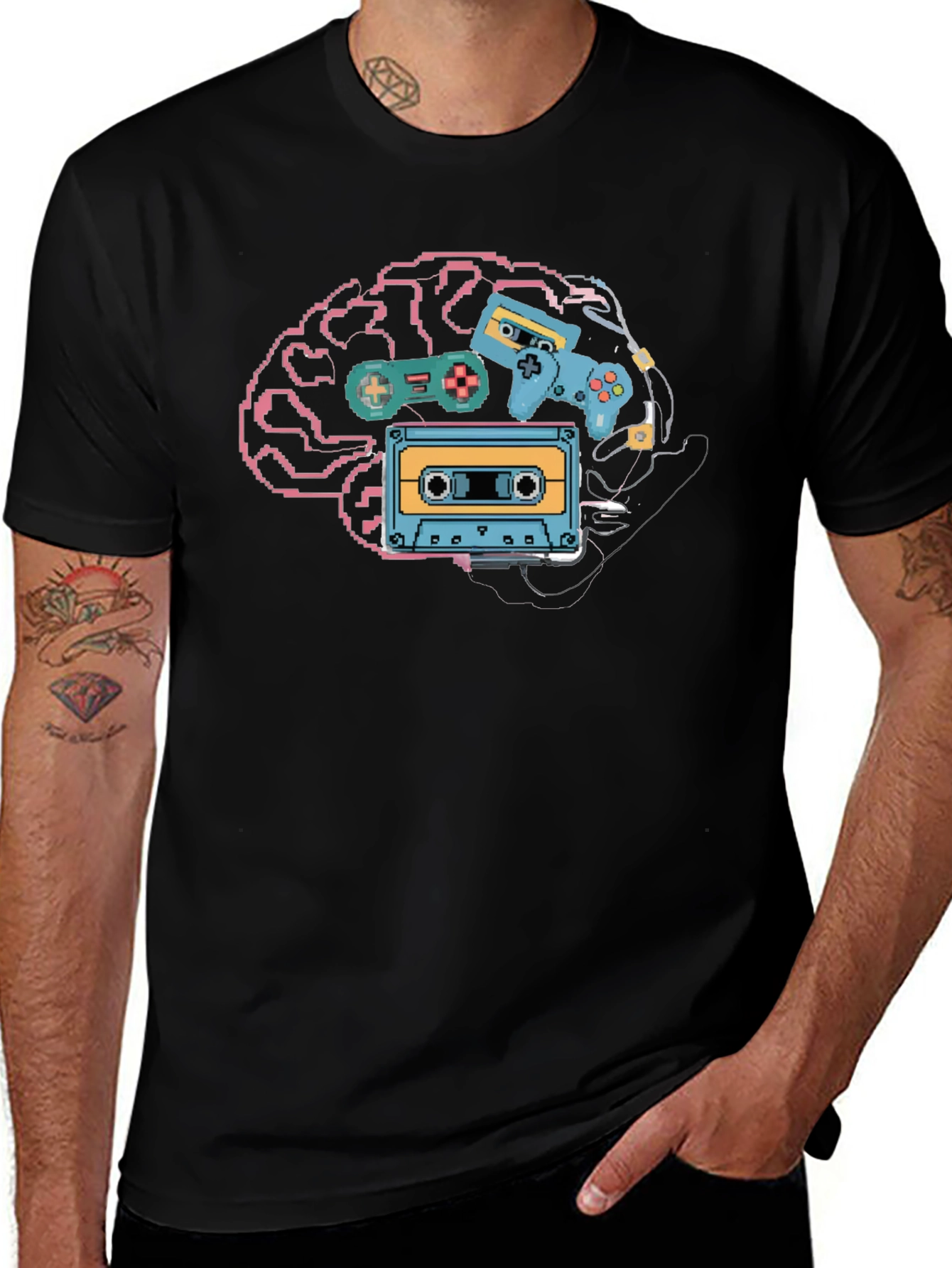 Retro Gamer Brain T-Shirt - Pixel Art Style