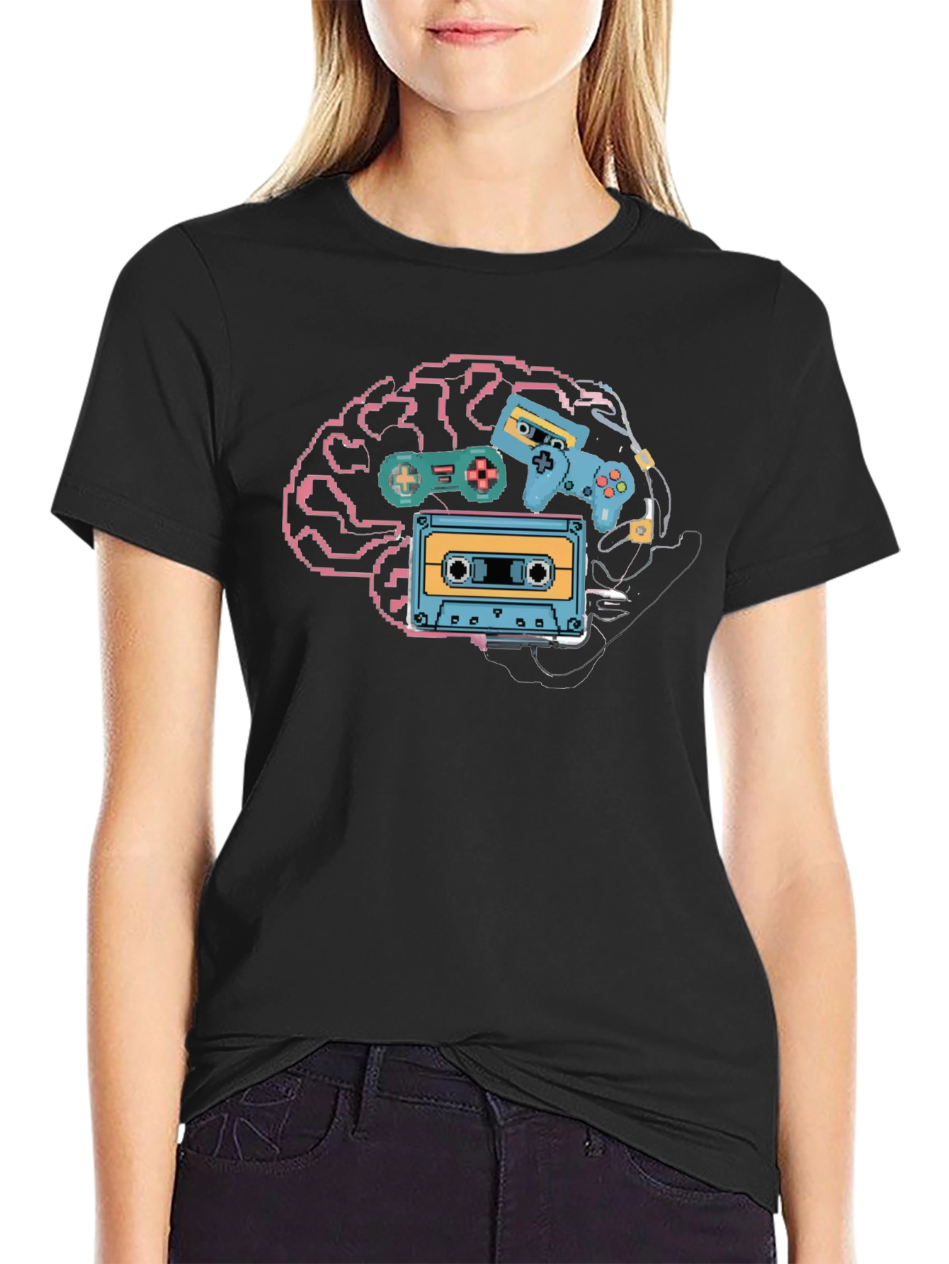 Retro Gamer Brain T-Shirt - Pixel Art Style