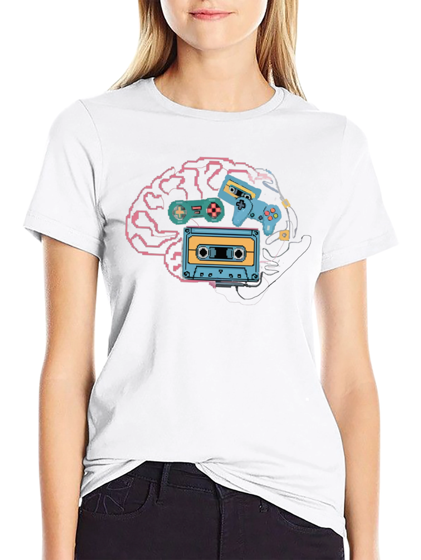 Retro Gamer Brain T-Shirt - Pixel Art Style