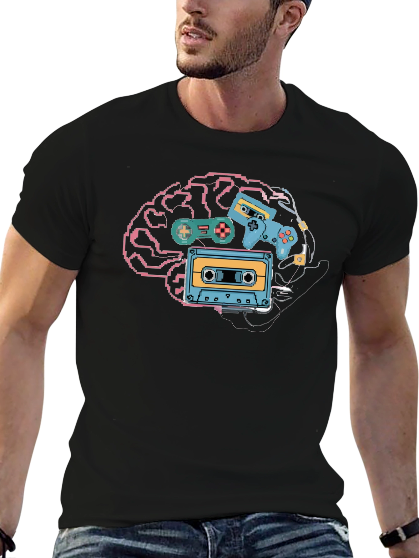 Retro Gamer Brain T-Shirt - Pixel Art Style