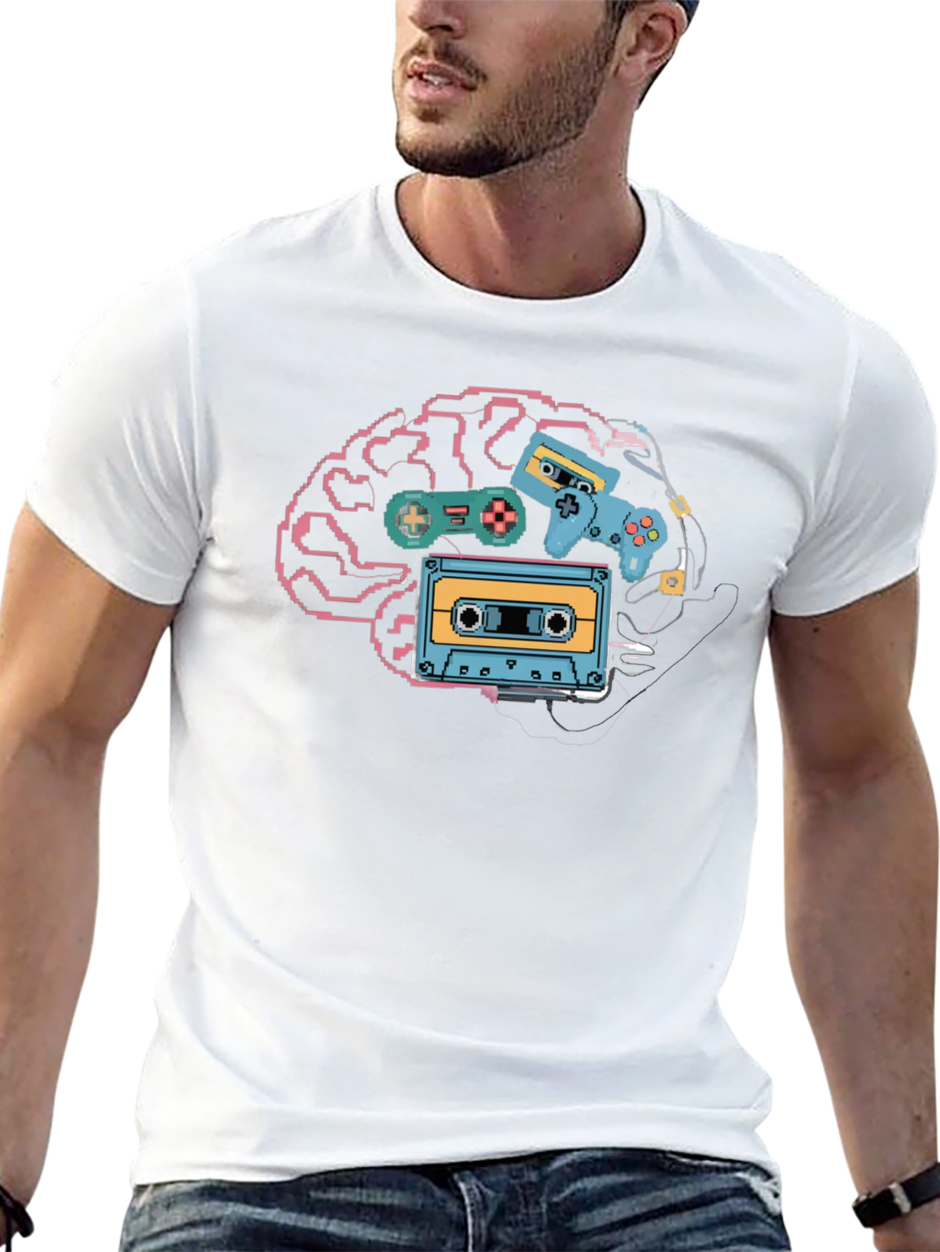 Retro Gamer Brain T-Shirt - Pixel Art Style