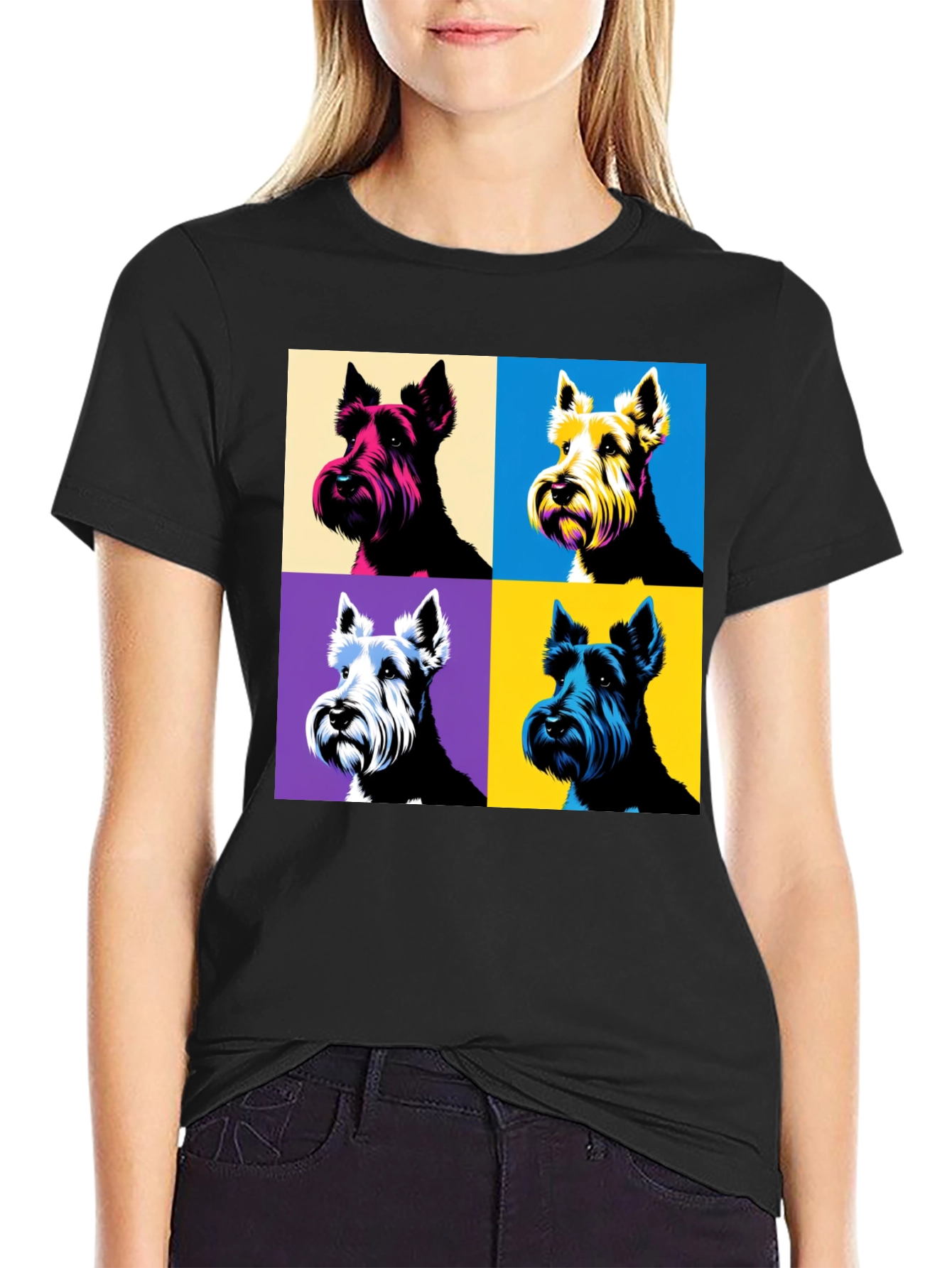 Pop Art Dog Print Black T-Shirt