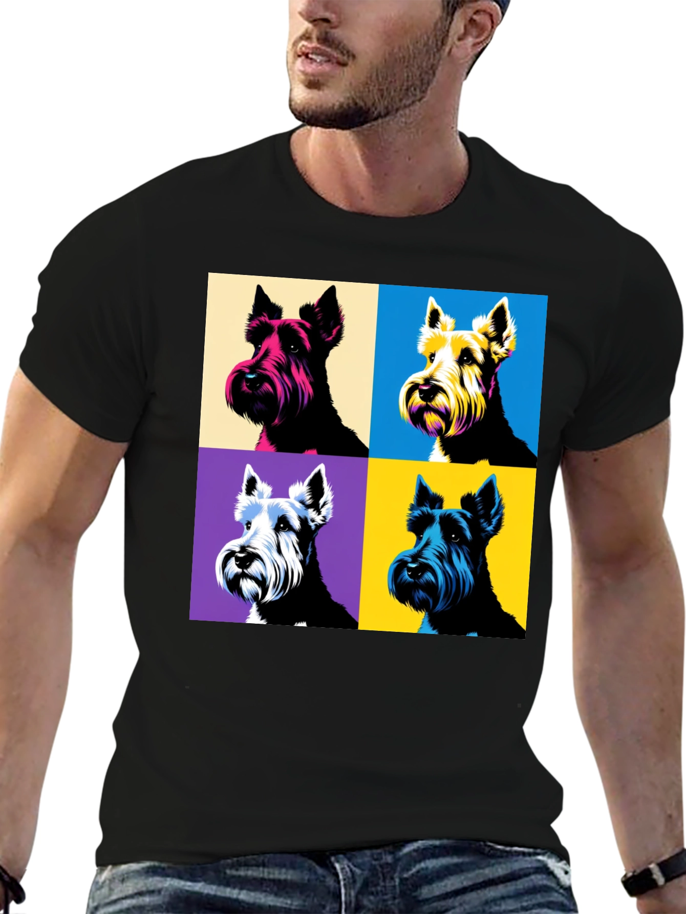 Pop Art Dog Print Black T-Shirt