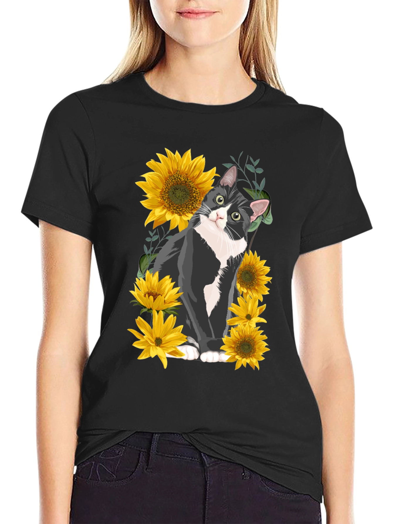 Cat and Sunflower Graphic Tee